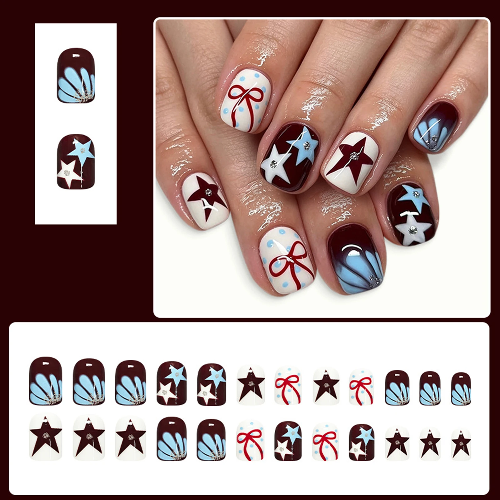 24pcs Women Girls DIY Daily Manicure Blue Polka Dot Five-pointed Star Bowknots Designs Press On Nail Short Square False Nails