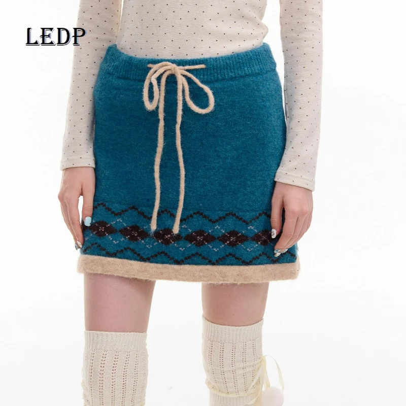 

Autumn Winter High-waisted Thin Women's A-line Skirt Retro Design Blue-green Knitted Versatile Temperament Short Skirts Ladies