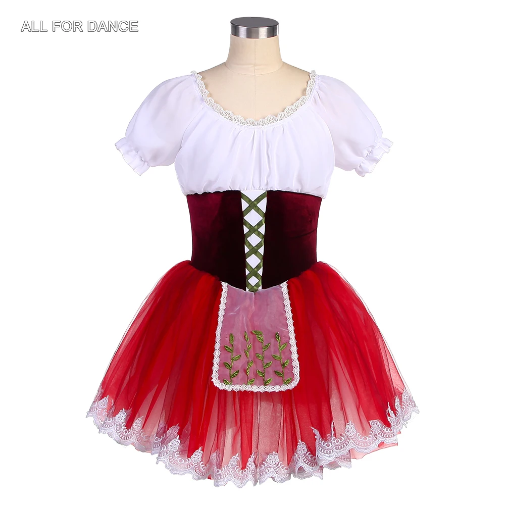 

23135 Puff Sleeve with White Spandex and Burgundy Velvet Bodice with Red Romantic Tutu Skirt for Girls&Women Performance Dress