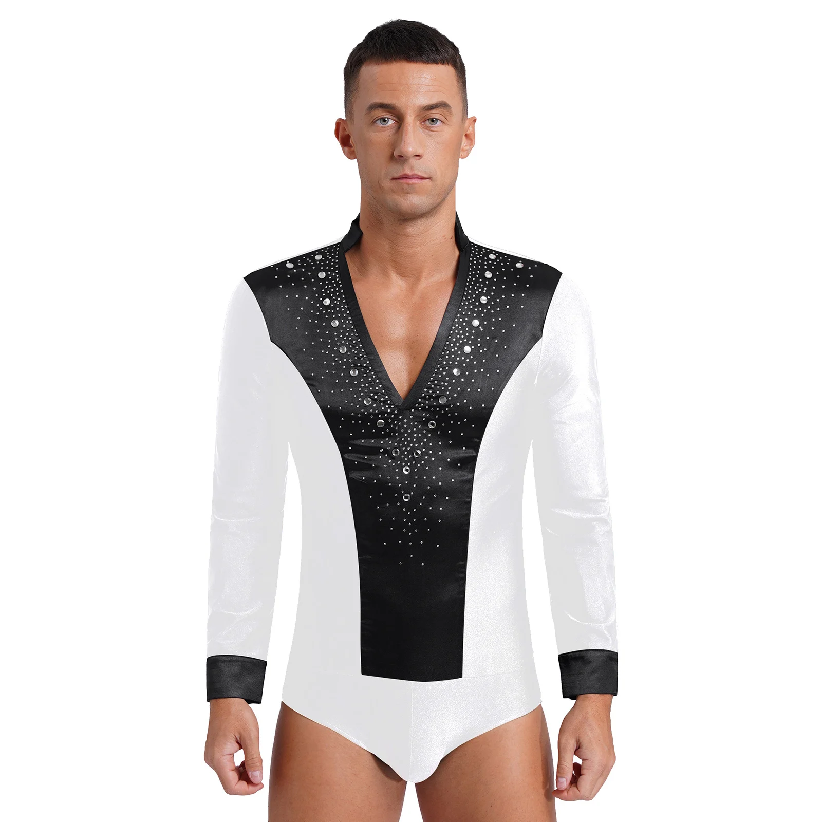 Men Long Sleeve Rhinestone Figure Skating Dance Leotard for Ballet Gymnastics Acrobatics Latin Samba Rumba Tango Performance