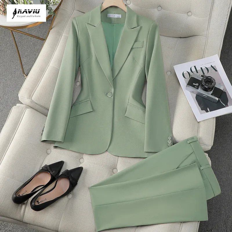 NAVIU High Quality Pant Suit Ladies Green Black Women Business Work Wear Formal 2 Piece Set Female Blazer Jacket and Trouser