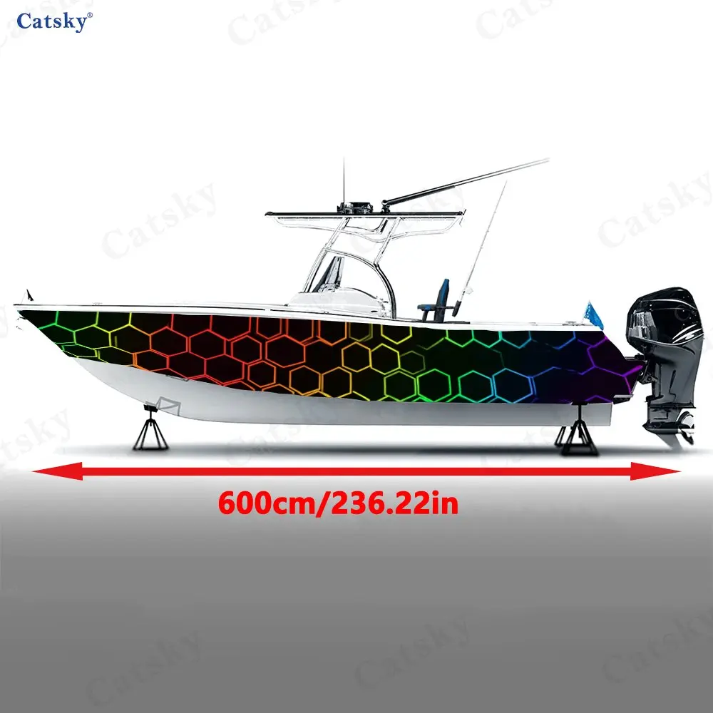 2Pcs Gradient Honeycomb Boat Stickers, PVC Waterproof Durable Vinyl Wrap Decals for Fishing Boats, Durable and Stylish Design