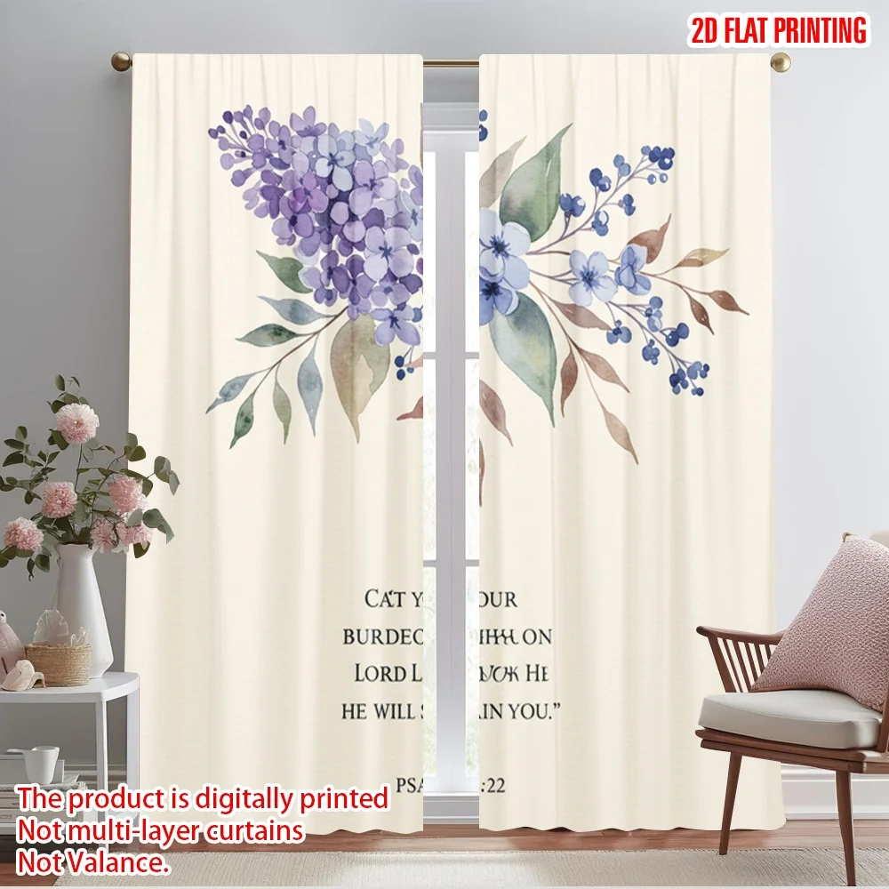 

2pcs 2D flat printing Curtain Watercolor floral Bible verse Polyester Without Electricity Festive Curtains Use for Multipurpose