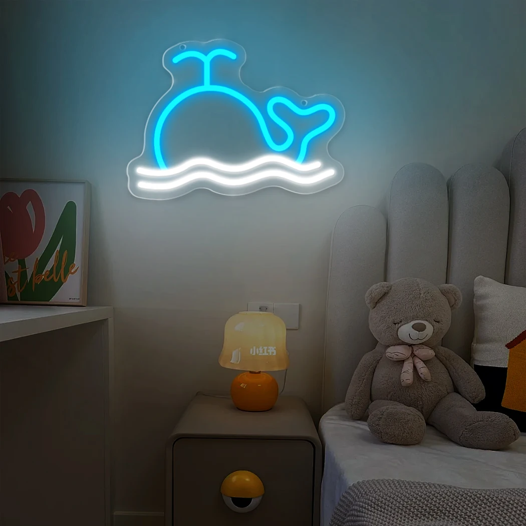 Whale Neon Sign USB Powered Blue White LED Wall Art for Bedroom Game Room Party Decor Man Cave Christmas Party Office Neon Light