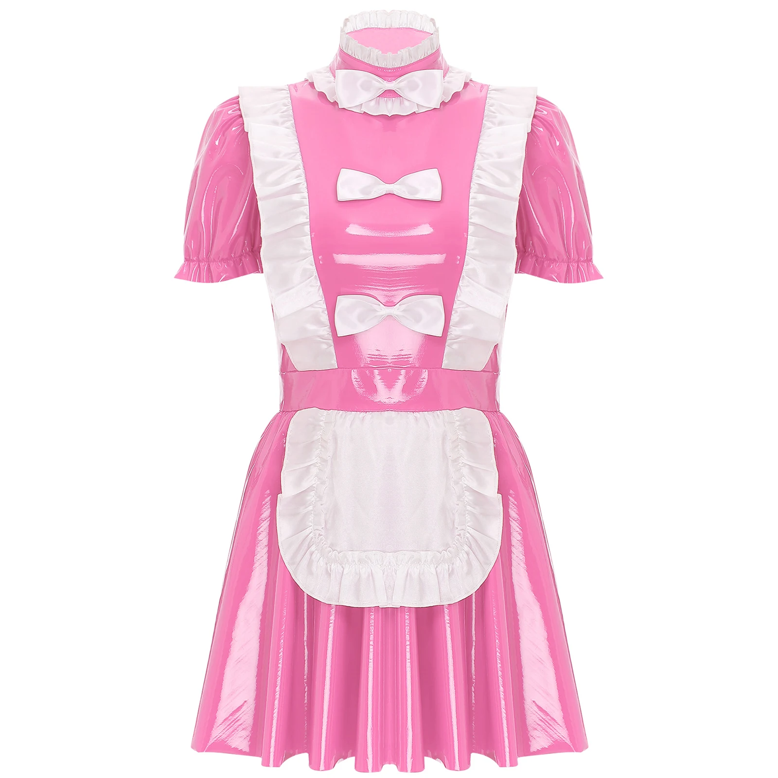 Womens Naughty Maid Uniform Clubwear Glossy Patent Leather Maid Cosplay Dress Ruffles Trims Bow Apron Puff Sleeve A-Line Dress