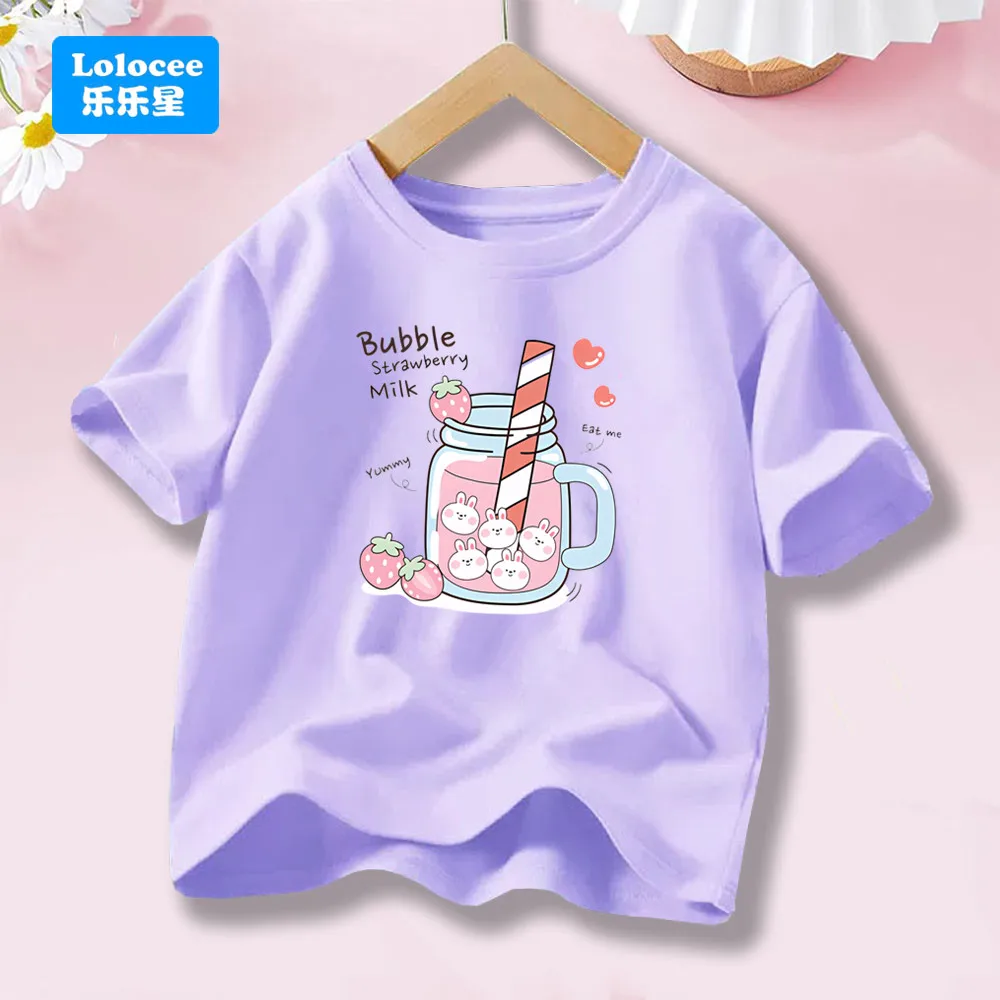 

Strawberry Beverage /Juice Print Girls' T Shirt Summer Breathable Tee Cotton Street Clothing Cute Short Sleeve Tops YLNN1