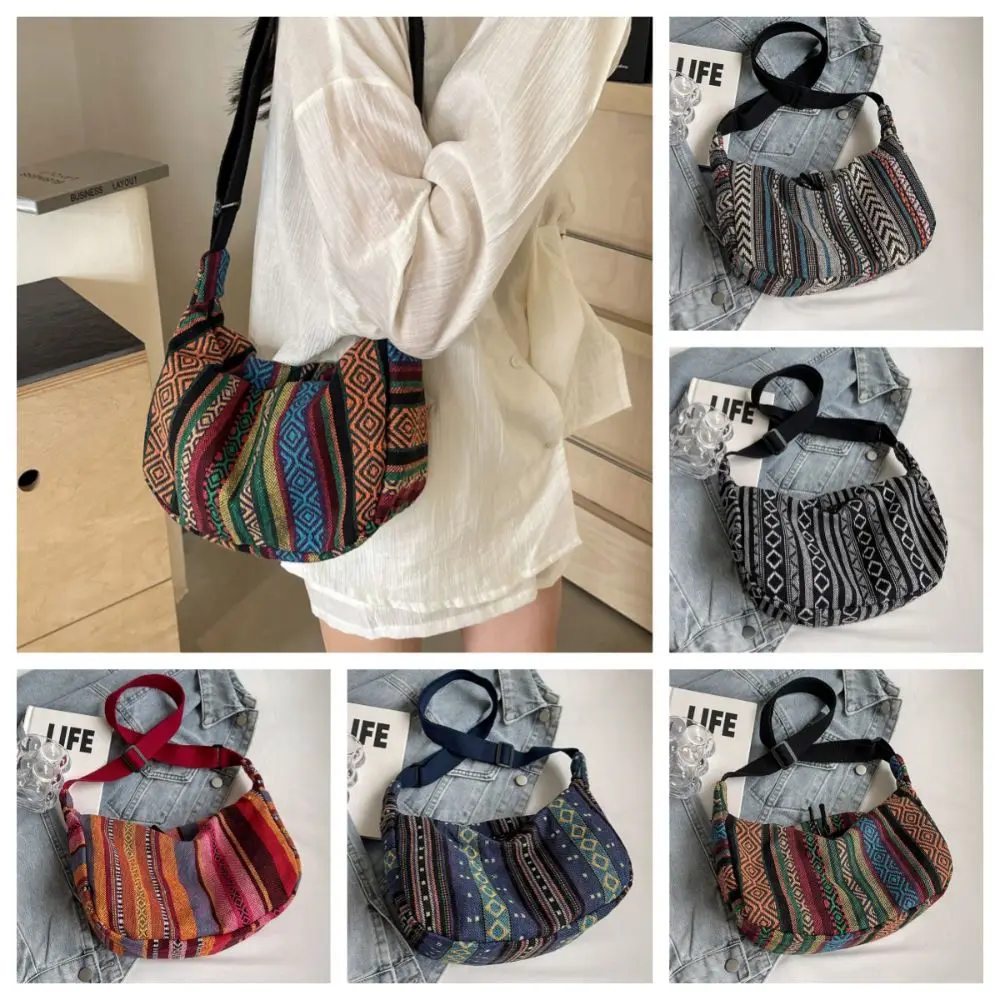 

Large Capacity Ethnic Fringe Crossbody Bag Embroidery Handbag Bohemian Shoulder Bag Geometric Colorful Weave Folk Messenger Bag