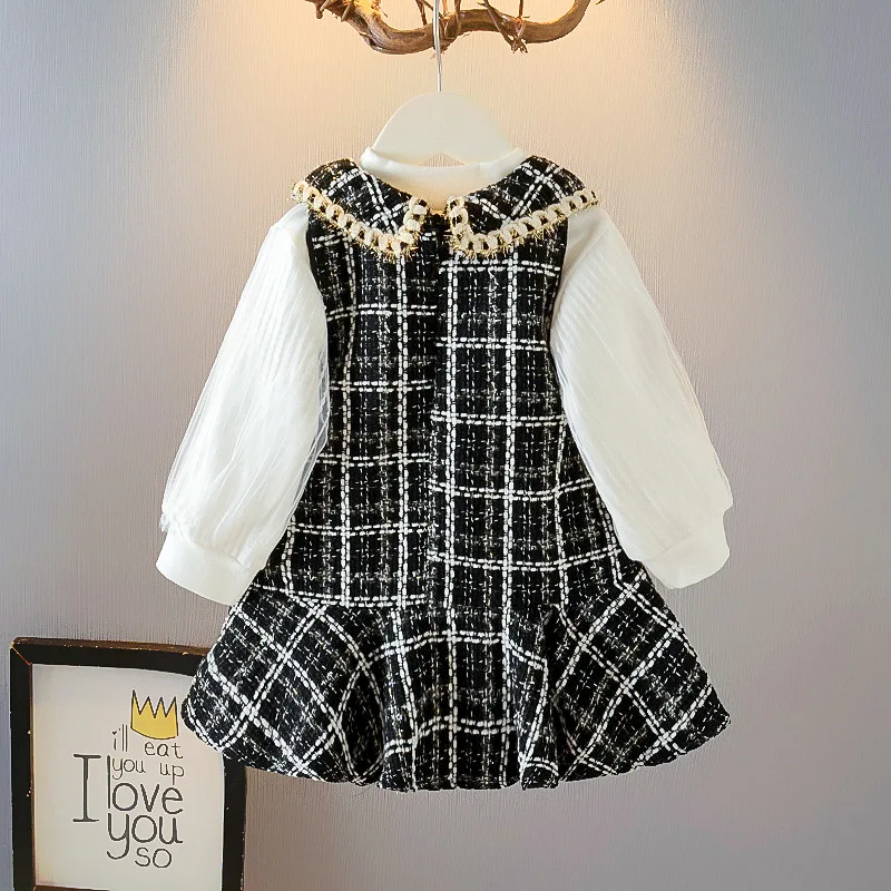 3-7Y Girl Baby Party Princess Autumn Dresses Kids Elegant Plaid Costumes Fashion Long Sleeve Sweet Tweed Clothes With Bear Bags