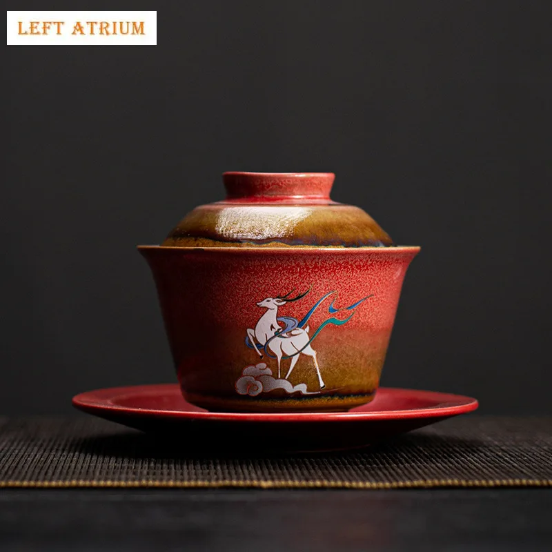 

Керамическая посуда для чая Deer Gaiwan с крышкой, чайная посуда, китайская красная чайная чаша, магазин Chawan