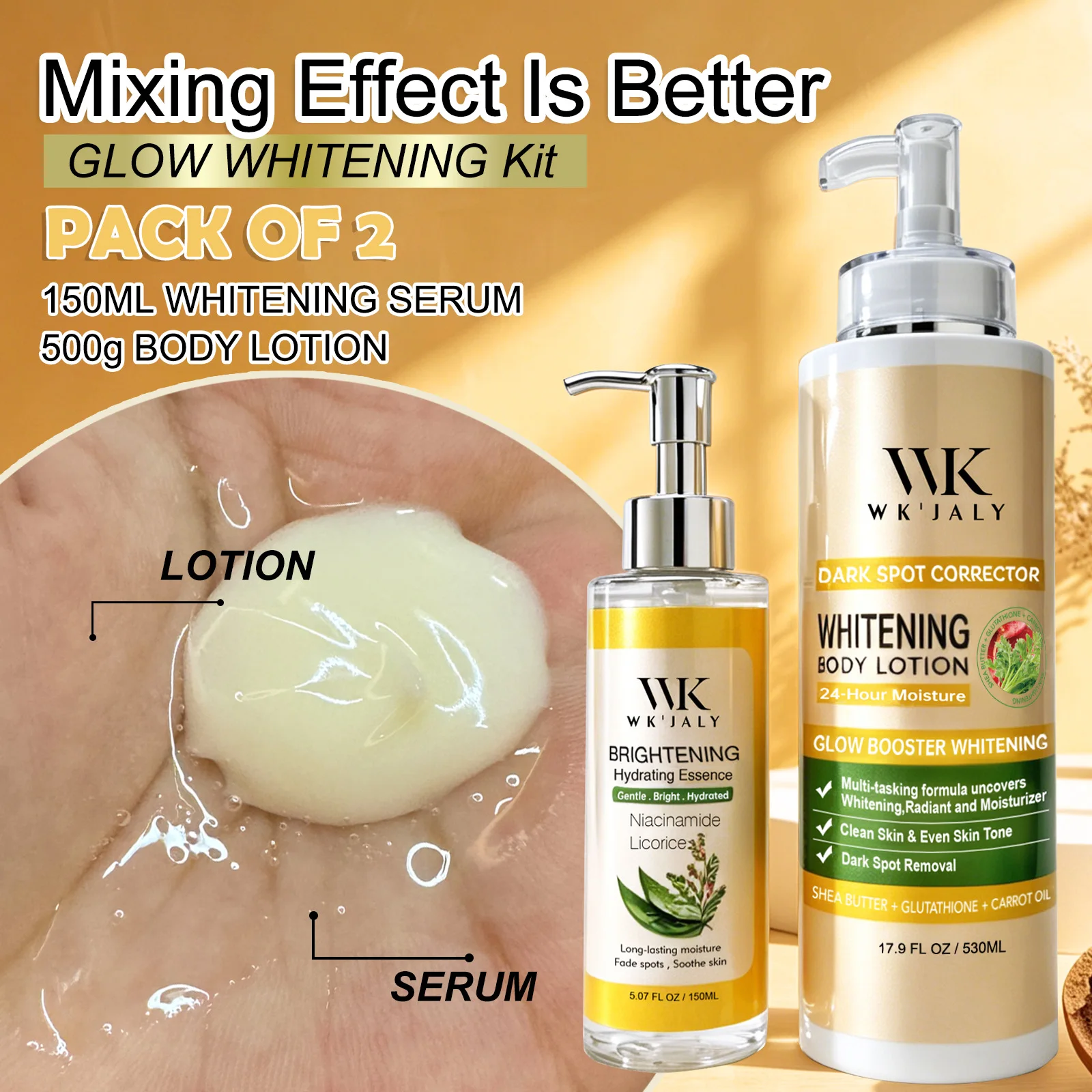 WK JALY Lightening Skin Care Set, With Carrot Oil Whitening Body Lotion, Licorice Brightening Essence, Remove Hyperpigmentation
