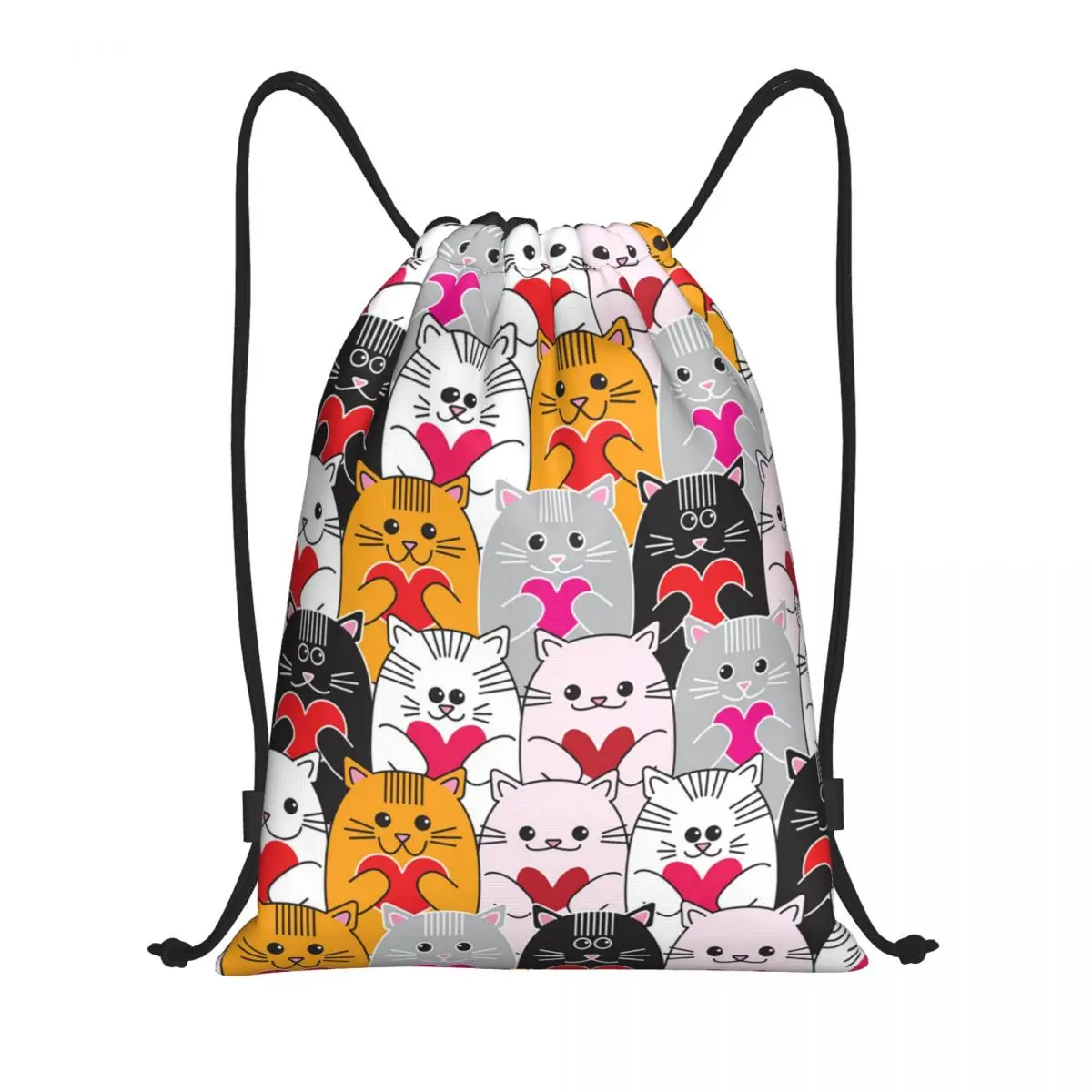 

Custom Cats Love Hearts Drawstring Bag Men Women Foldable Gym Sports Sackpack Cartoon Kitten Training Storage Backpacks