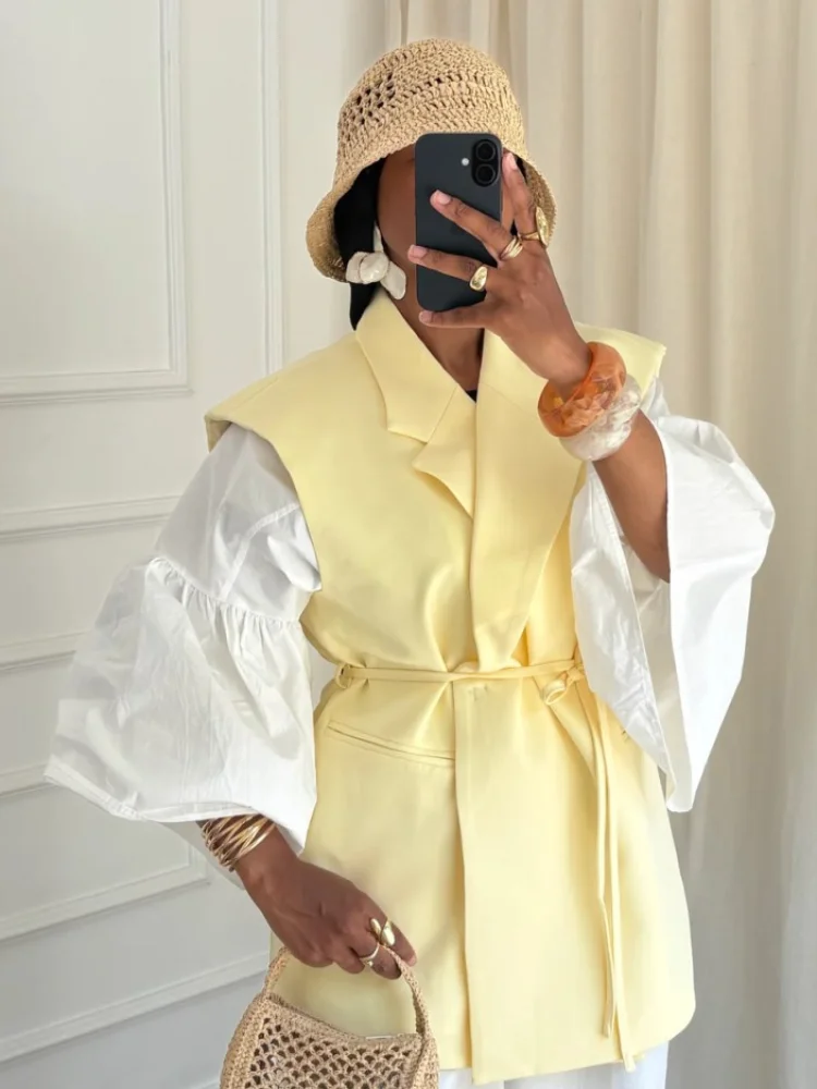 

Fashion Lace Up Women Blazer Lapel Sleeveless Single Breasted Solid Lady Jacket 2025 Summer Elegant Slim Female Street Outerwear