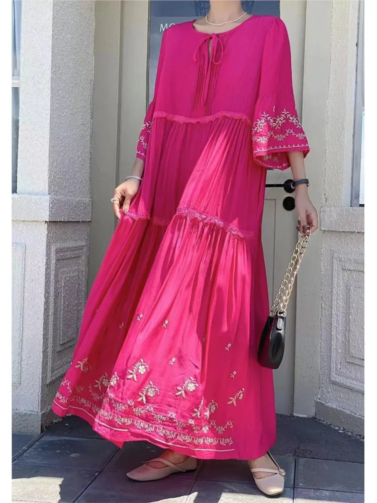 Abito lungo estivo a trapezio da donna ricamato moda volant patchwork pieghettato abiti larghi da donna abito da donna in stile coreano