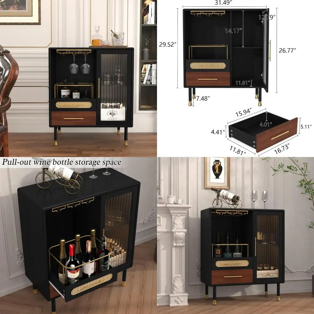 현대적인 와인잔 홀더 및 주방용 슬라이드 선반 수납장, 세련된 블랙 주류 캐비닛