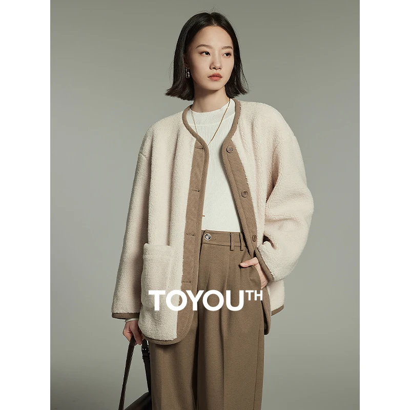 Toyouth Women Plush Thick Coat 2024 Winter Long Sleeves Round Neck Loose Jacket Contrast Stitching Fashion Versatile Outwear