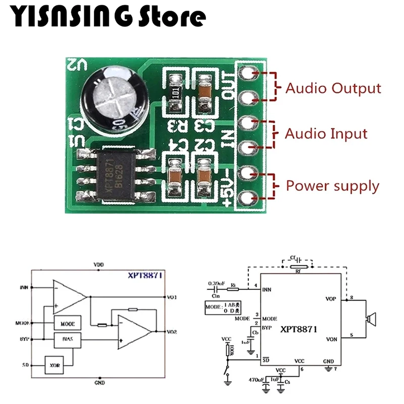 10pcs Mini XPT8871 Mono Stereo Lithium Battery Power Amplifier Board XH-M125 6W Sing Machine Module 3v 5v 5W Audio Output Input