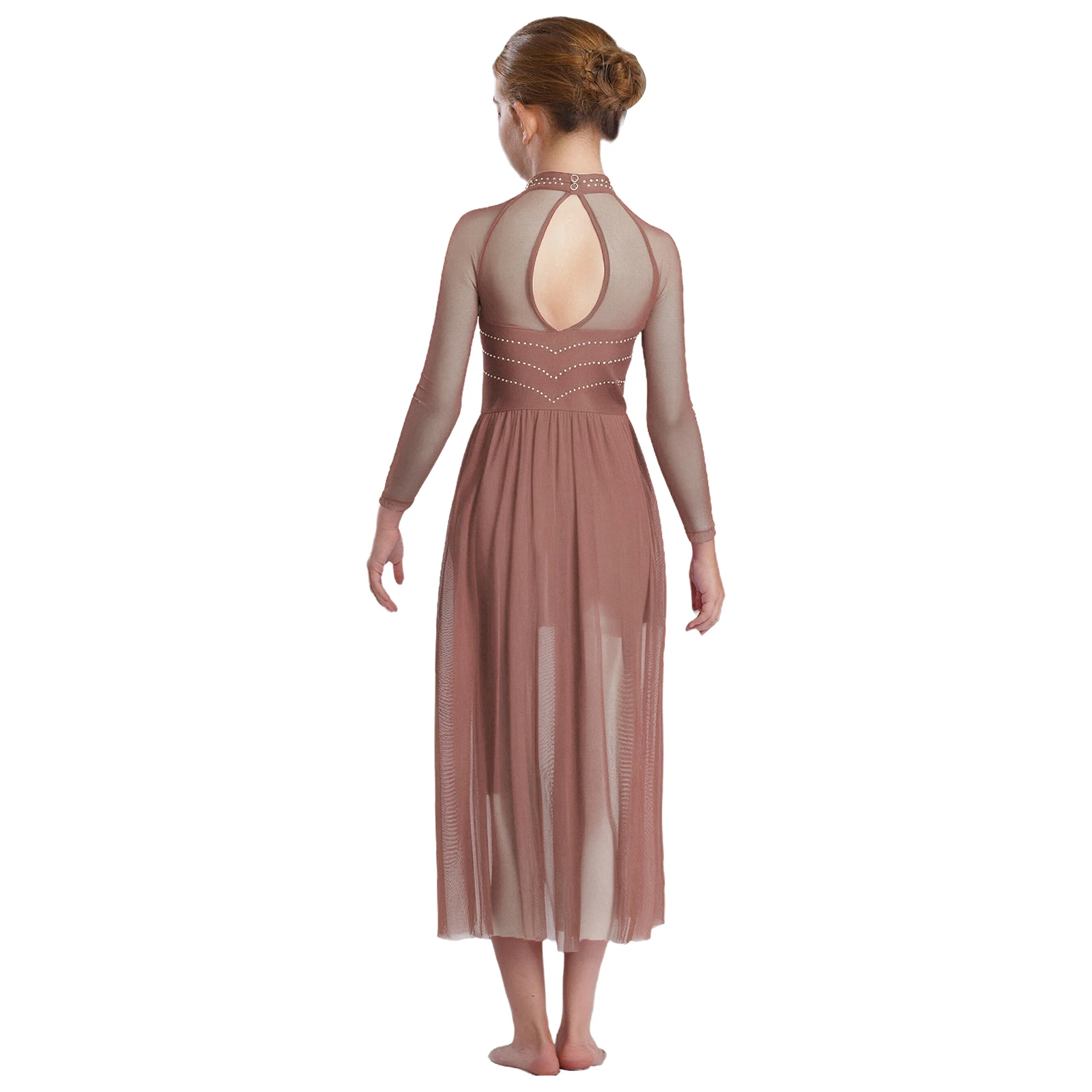 الأطفال الفتيات الحديثة الغنائية الرقص الشكل التزلج الجمباز زي طويل الأكمام لامعة الراين بقماش شفاف يوتار فستان