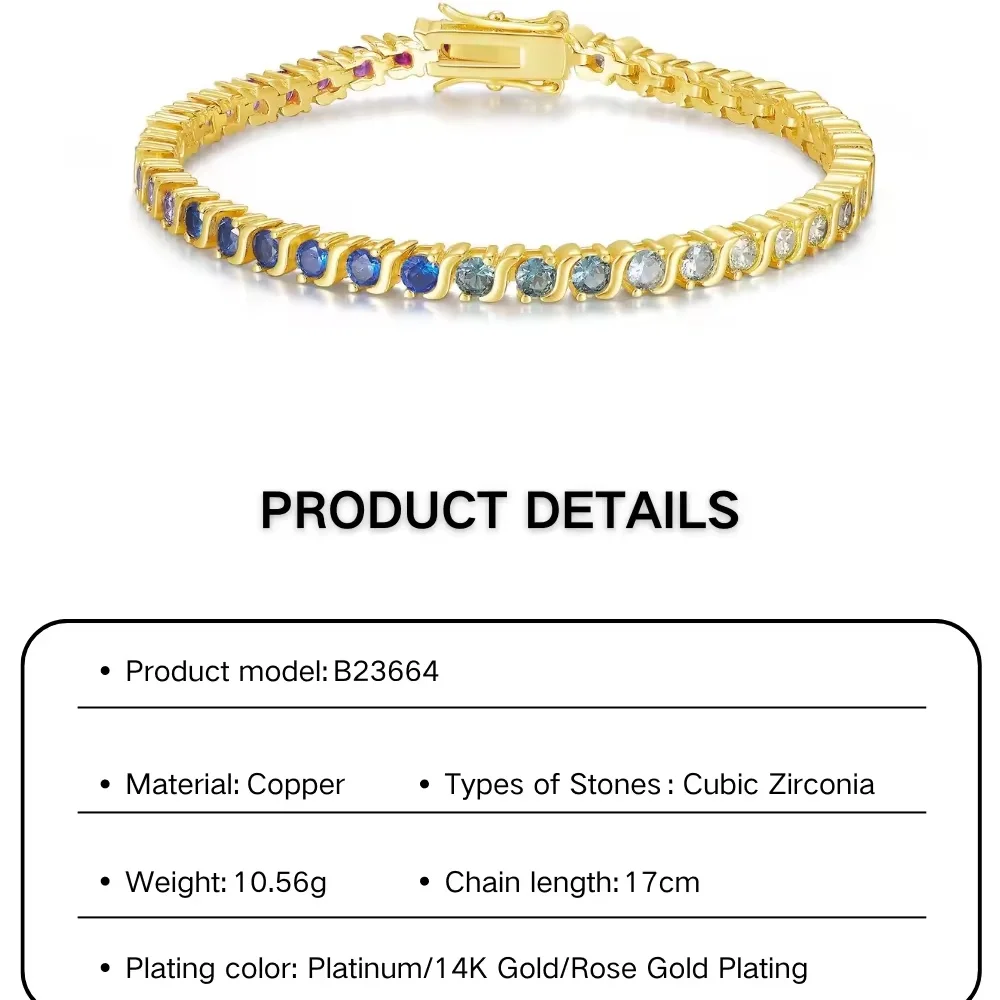 Women Custom Copper Tennis Bracelet Rainbow-Colored CZ Zirconia Tennis Chain Diamond Trendy Style Number Pattern Bangles