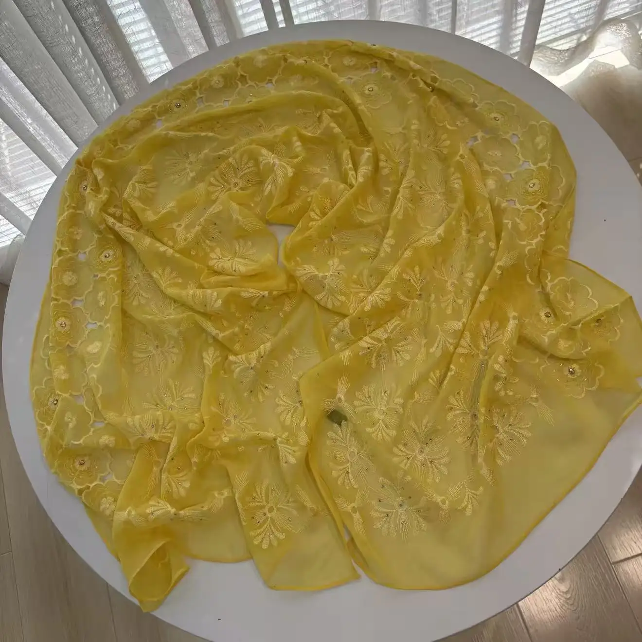 100% Silk Scarf for Women Luxury Brand Yellow Embroidered Beading Neck Scarves Headscarf Hijabs Elegant Womens Shawl