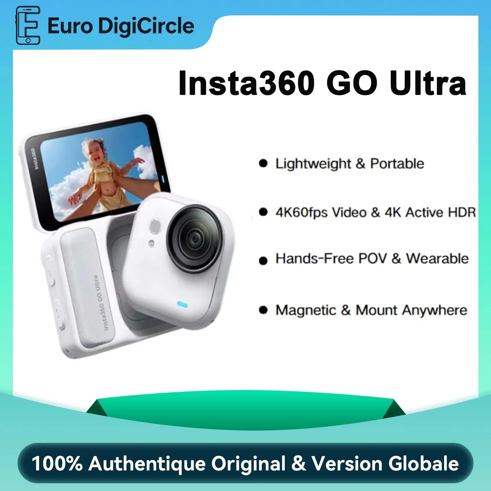 Insta360 GO Ultra - Mini caméra mains libres 4K 60 ips, légère, batterie 200 min, étanche 10 m, ultra-légère 53 g, champ de visi