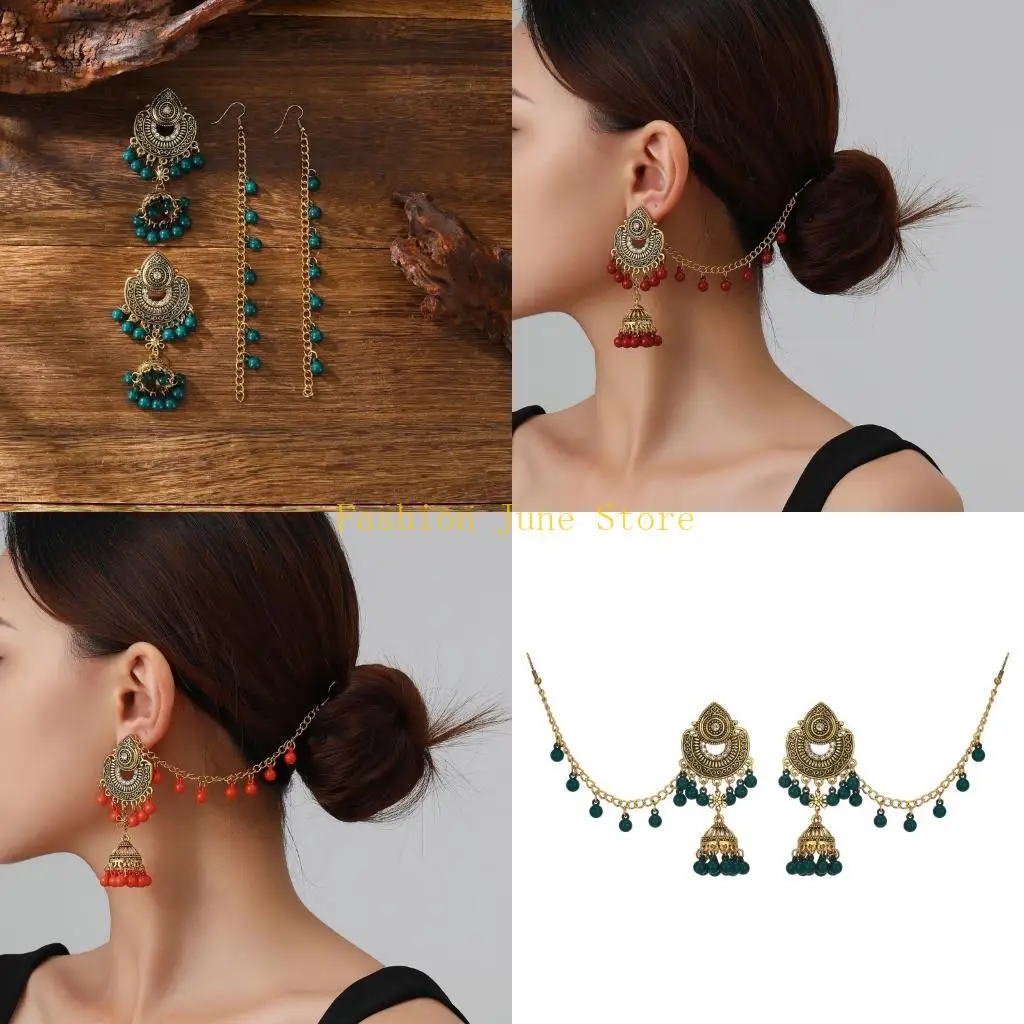 N5KA Vintage-Inspired Dangle Earrings with Alloy, Bead Ornate Openwork, and Two Wearing Configurations for Outfits