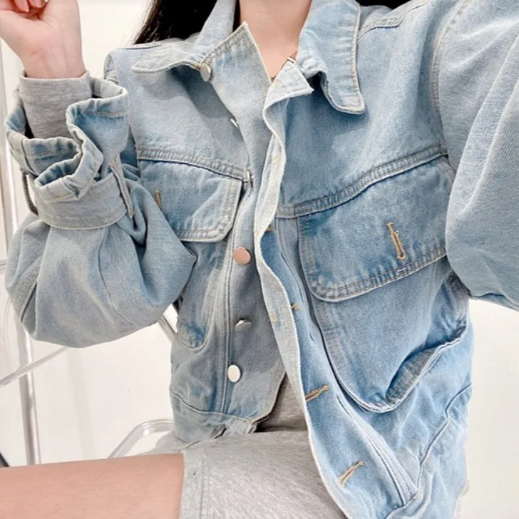 

Повседневная свободная куртка с открытыми плечами и одним пуговицей, женская короткая куртка из хлопкового денима, универсальный стиль, осенний сезон
