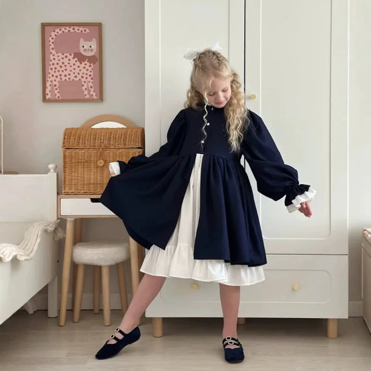 2026 Russian Spring and Autumn Cotton French Lolita Fake Two Piece Color Blocked Palace Style Girls' Dress