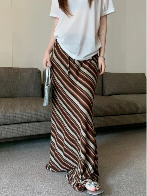 

Autumn Winter Stripe Vaion Sle Wrap Skirt High Waist Midi Skirt Casual Loose Fit Printed Polyester Fabric H-ape Dr