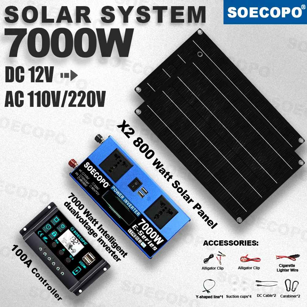 

SOECOPO 7000W Peak Dual-Voltage Solar Kit 2 Panel 100A Controller 12V DC To 110V 220V AC Inverter for RV Outdoor Emergency Power