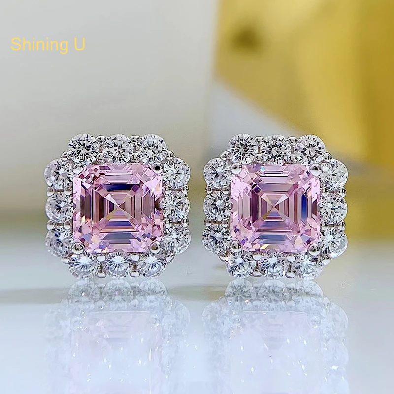 

Shining U S925 Silver 2ct Asscher Cut Stud Earrings for Women Simulated Pink Yellow Diamond Fine Jewelry Wedding