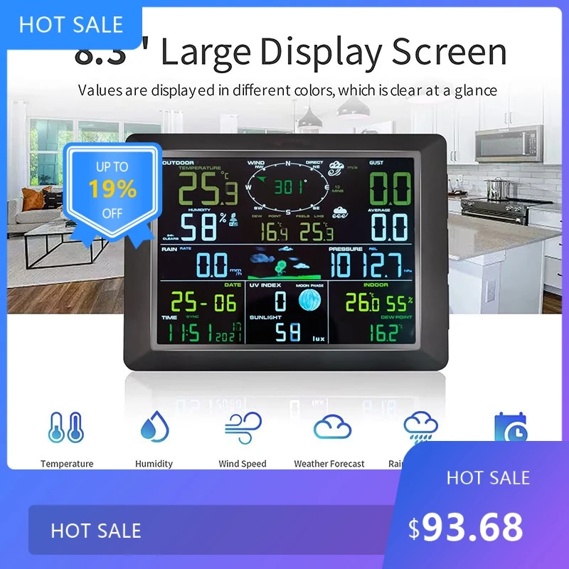 7-in-1 Wireless Weather Station 7.5 Inch Large Color Display Digital Home Weather Station For Weather Forecast Data Monitoring