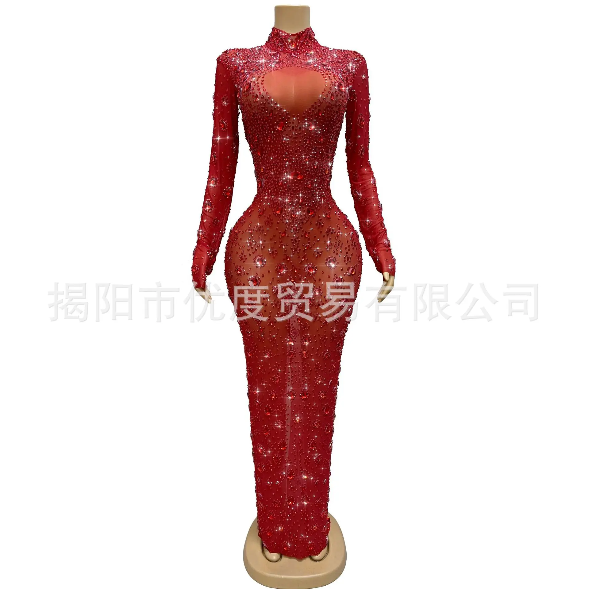 Bright Handmade Rhinestones High-end Temperament Cocktail Party Red Carpet Dress Performance With Circle Chest Red Party Dresses