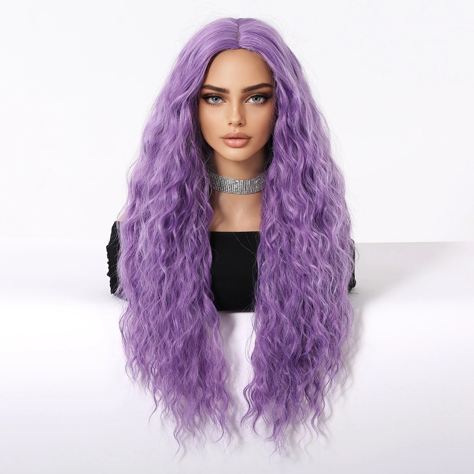 Allbell Magique Mode Paars Synthetische Pruiken Voor Vrouwen Party Cosplay Halloween Natuurlijk Golvend Nep Haar Hittebestendige Vezel