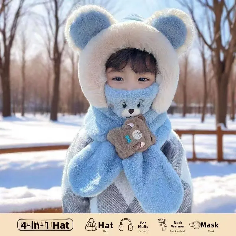 

Теплый зимний комплект из шапки, шарфа и маски с флисовой подкладкой для мальчиков, с милым мультяшным дизайном, нерегулируемый, осенне-зимний вариант