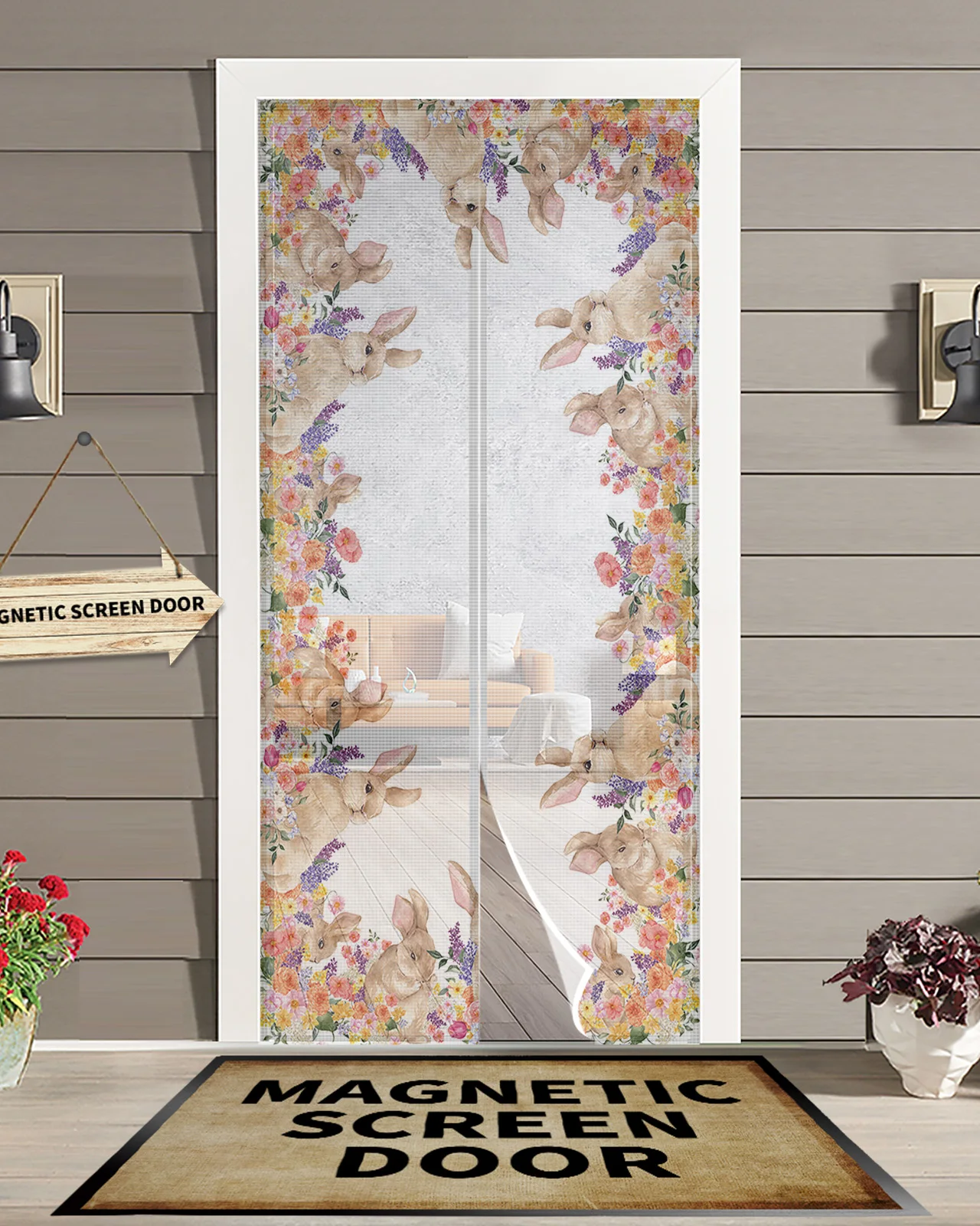 

Easter Rabbit Flowers Watercolor Magnetic Door Curtain Summer Living Room Bedroom Home Anti-mosquito Screen Door Curtain