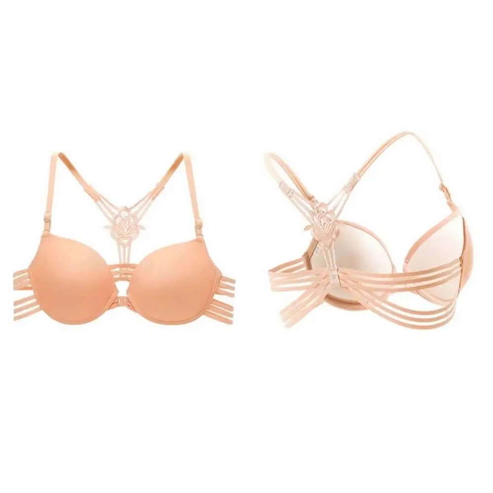 Sweet Front Button Lace Bra Women 3/4Cup Beautiful Back Push Up Bra Flower Intimates Wireless Deep V Bra Beach