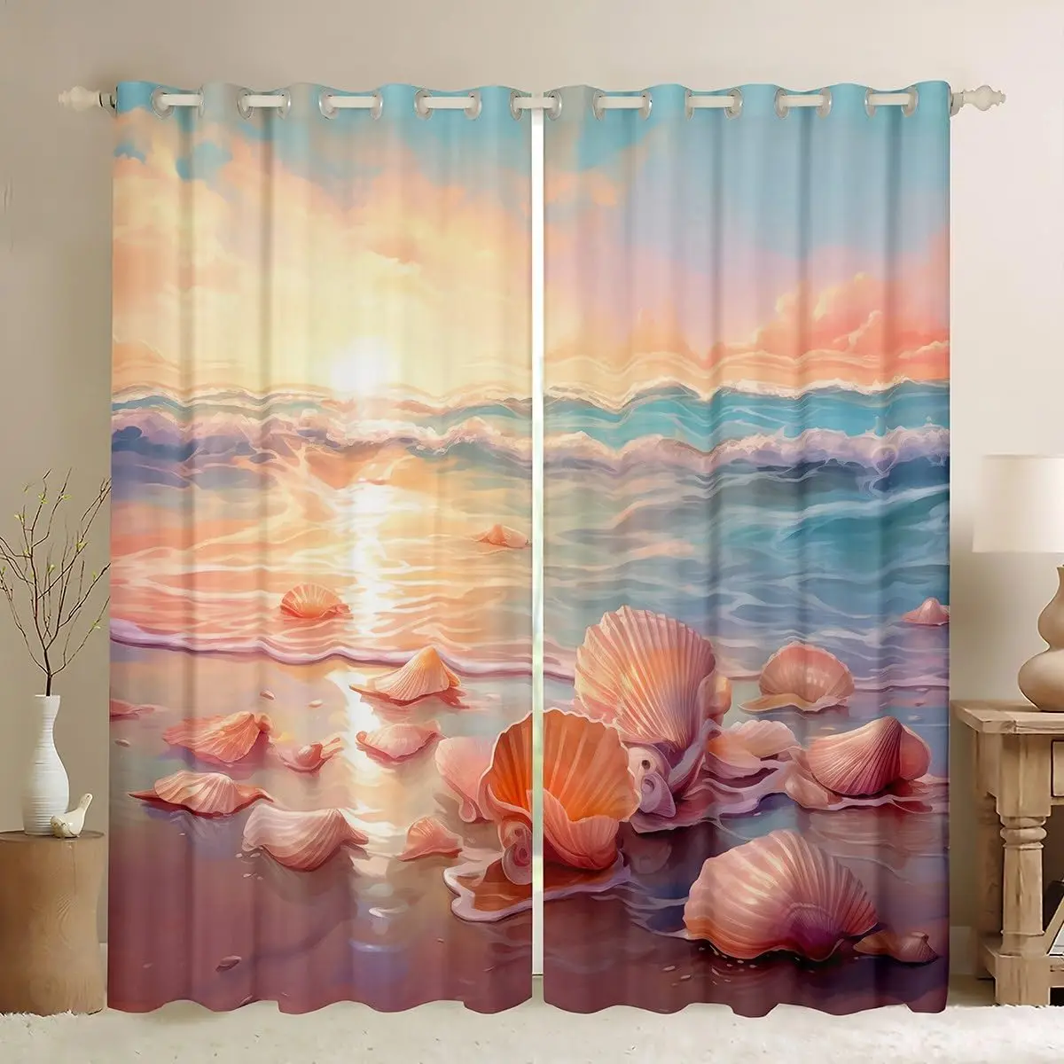 Watercolor Beach Sunset Seashell Curtains Tropical Ocean Coastal View Drapes Window Filtering Panels Bohemian Style Decor