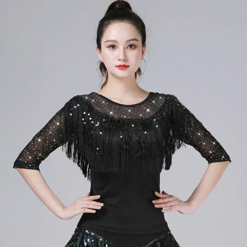

Adult Girls Latin Dance Costume Costume Glitter Sequin Tassels Shiny Mesh V-Neck Top Modern Dance Women Ballroom Dancewear
