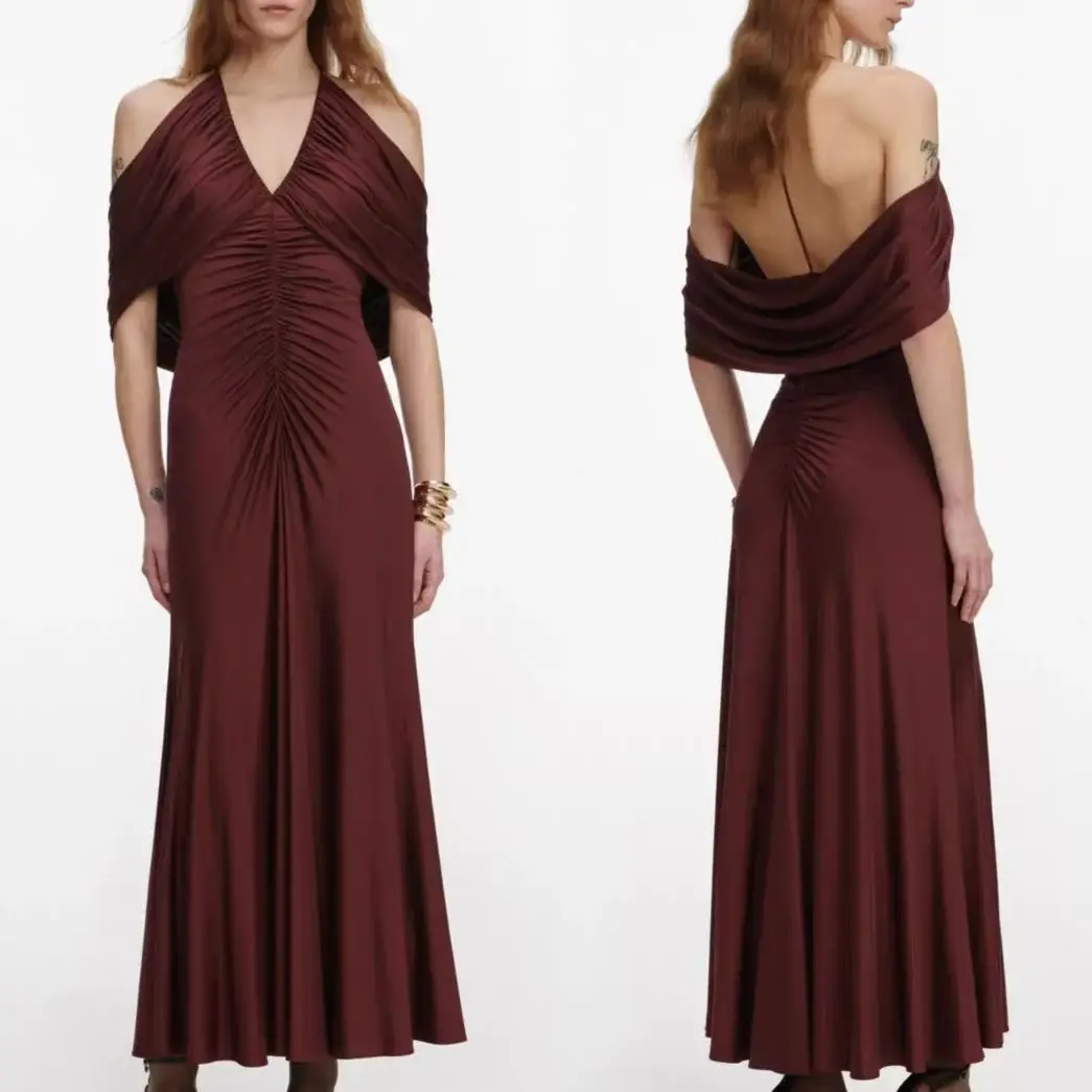 

Women Deep V neck backless Pleated long dress high waist fashion party maxi dress