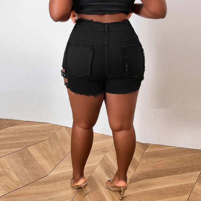 Grande taille découpé garniture brute Denim Shorts femmes été taille haute Streetwear Sexy noir jean droit Shorts