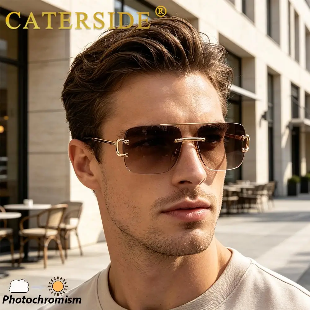 CATERSIDE Neue Modische Herren- und Damen-Blaulichtfilter-Brille Hochwertige Metall-Quadratische Rahmenlose Photochrome Brille – Detail 1