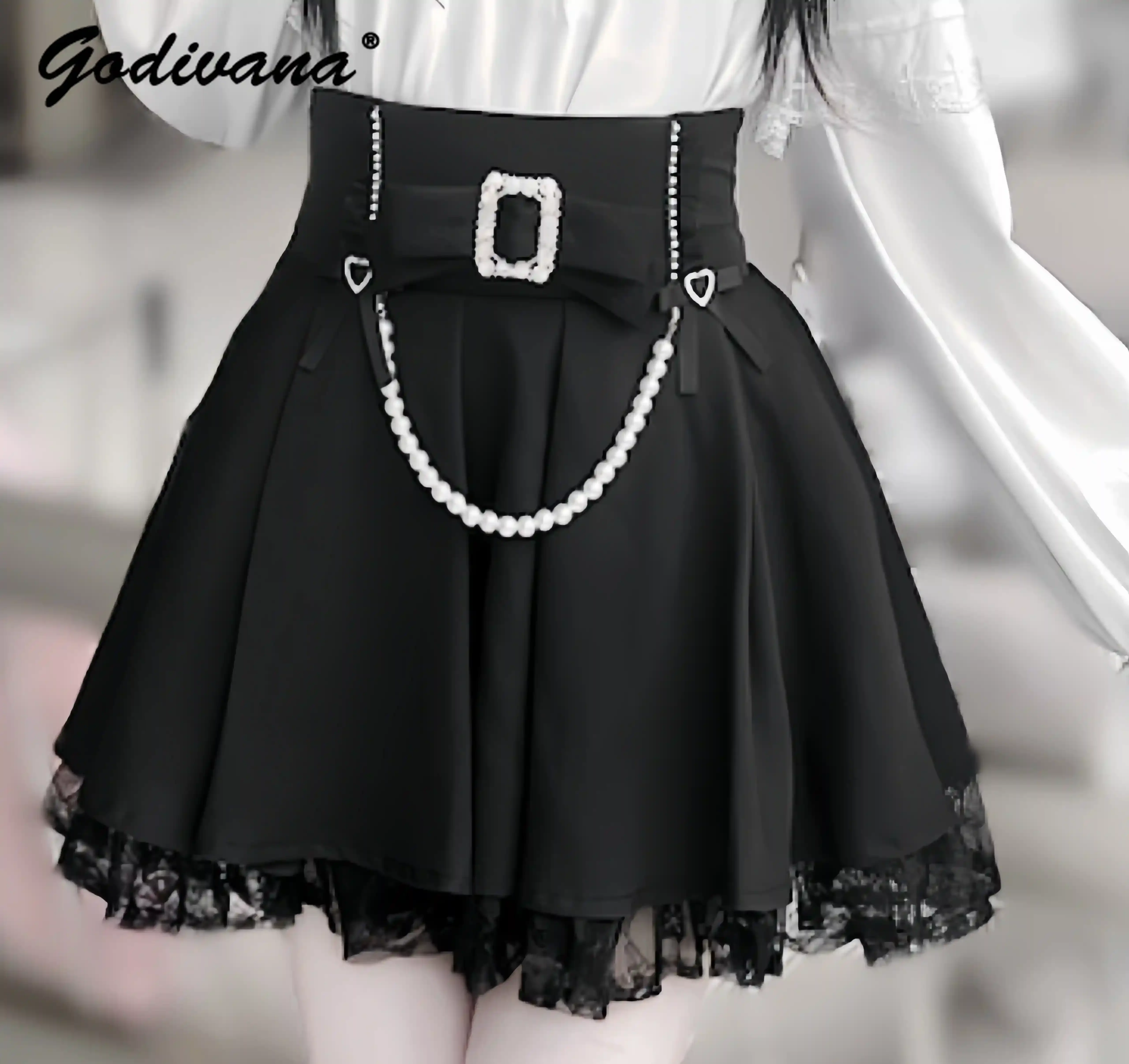 Japanese Mine Series Mass-produced Outfits New Spring Women's Sweet Lace Long-sleeved Pearl Blouse Shirt Black Short Skirt