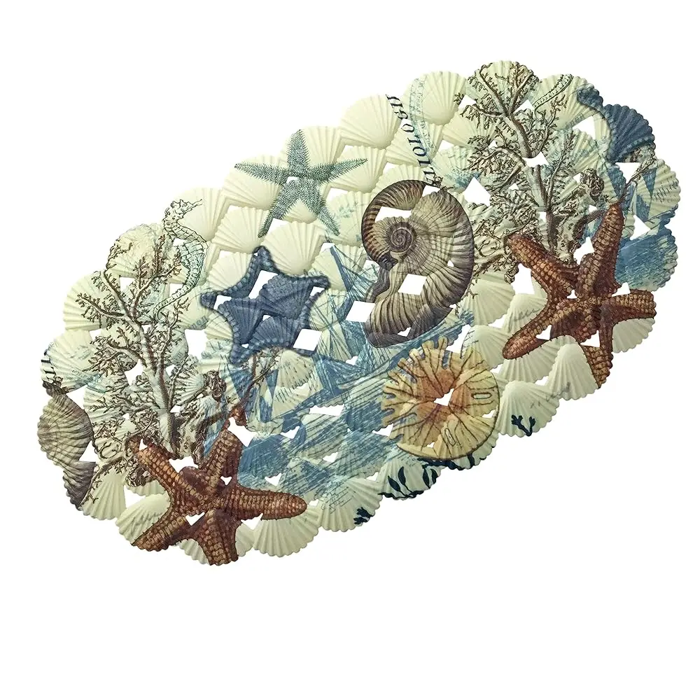 

Ocean Shell Bath Mat for Shower Stall, Tub, Bathtub - Beach Starfish Seashells - Coastal Bathroom Bathmat with Anti Slip Suct