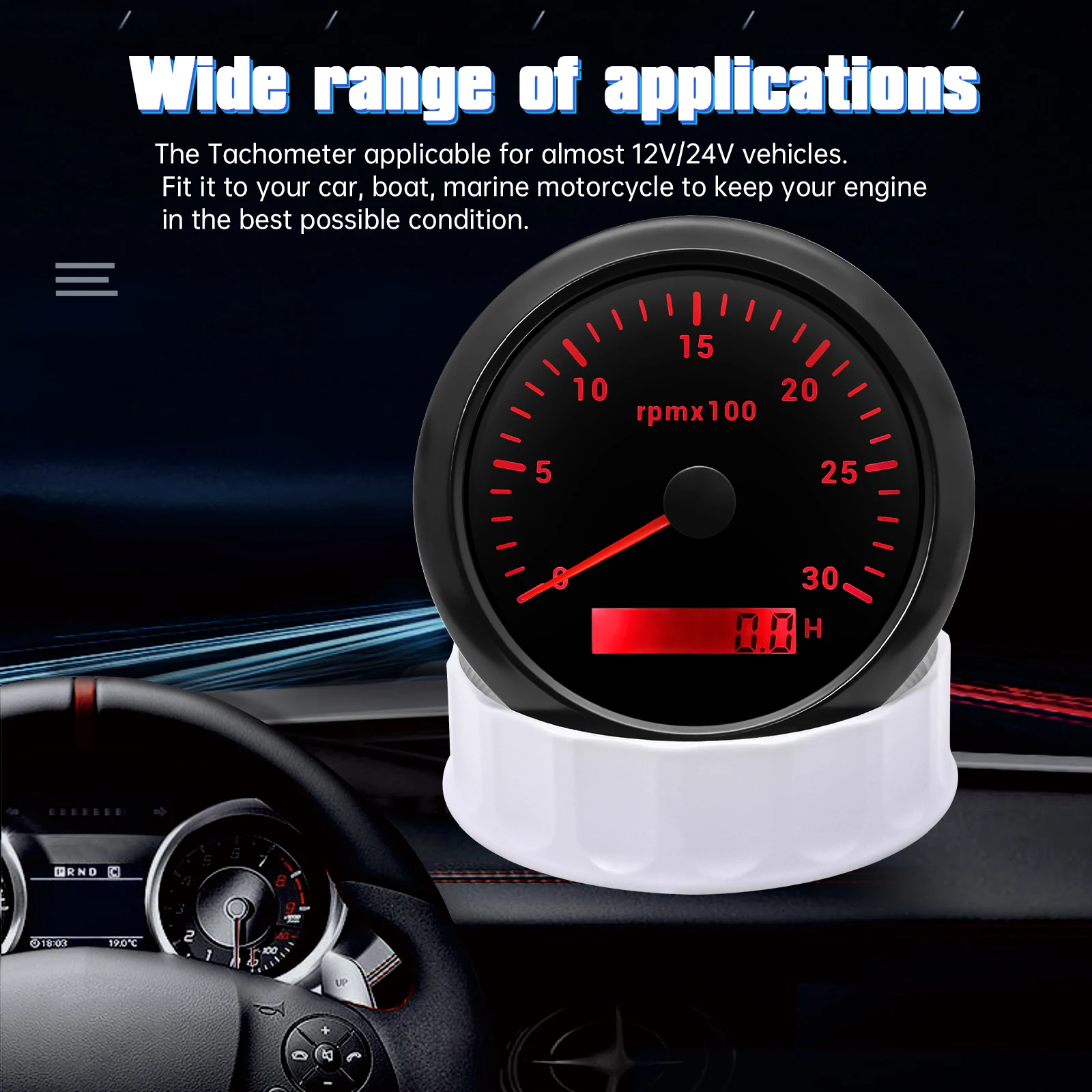 RPM Meter Tachometer for Car Truck Boat 85mm 3k RPM Speed Gauge Motor Digital Hour Meter Tach Sensor 7 Color Backlight 12V 24V