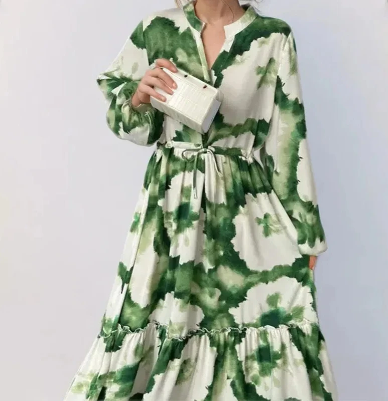 Feminino elegante verde impresso maxi vestidos mangas puff com decote em v cintura em camadas bainha solta vestido longo novo