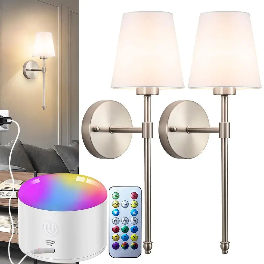 

Набор из 2 настенных бра с управлением, перезаряжаемый настенный бра с лампочкой емкостью 10000 мАч и пультом дистанционного управления, используется до 50 часов, RGB с регулируемой яркостью Wi