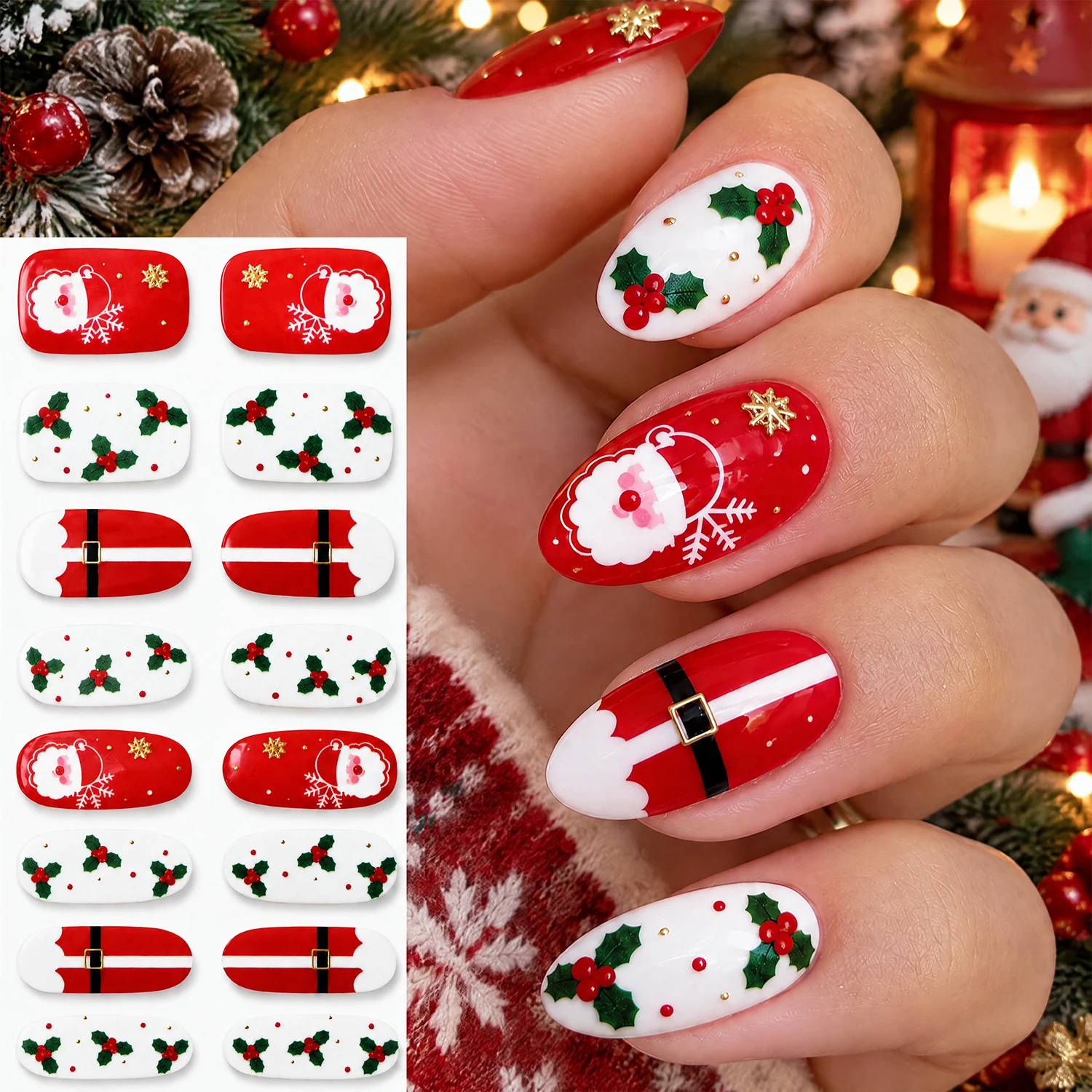 1Pc Elegant Christmas Nail Polish Strips Wreath Bow Candy Cane Self-Adhesive Full Wraps Home DIY Manicure Nail Design Supply
