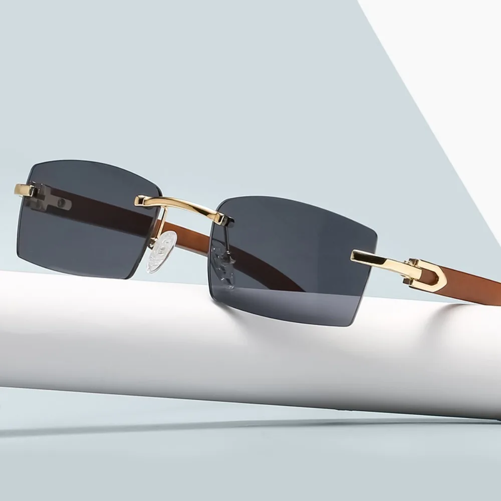 Style Retro Sunglasses for Women Ins Same Style Wood Texture Leopard Grain Mirror Legs Octagon Frameless Korean Sunglasses