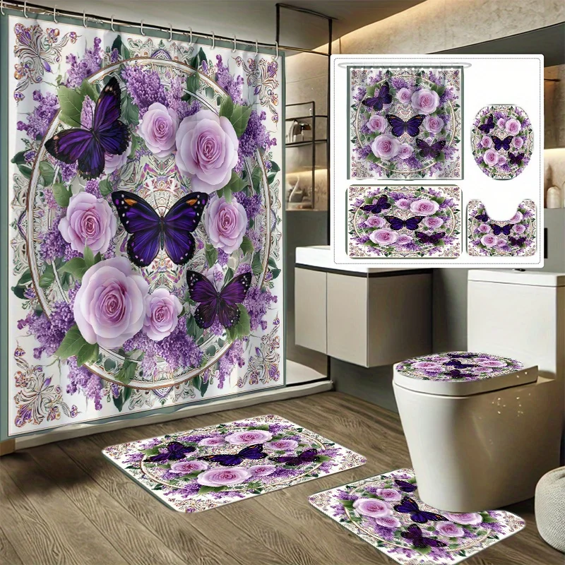 

4pcs Butterfly Elegance Printed Shower Curtain Set, Bathroom Decor Kit Includes Shower Liner, Non-Slip Mat, Toilet Cover, Rug