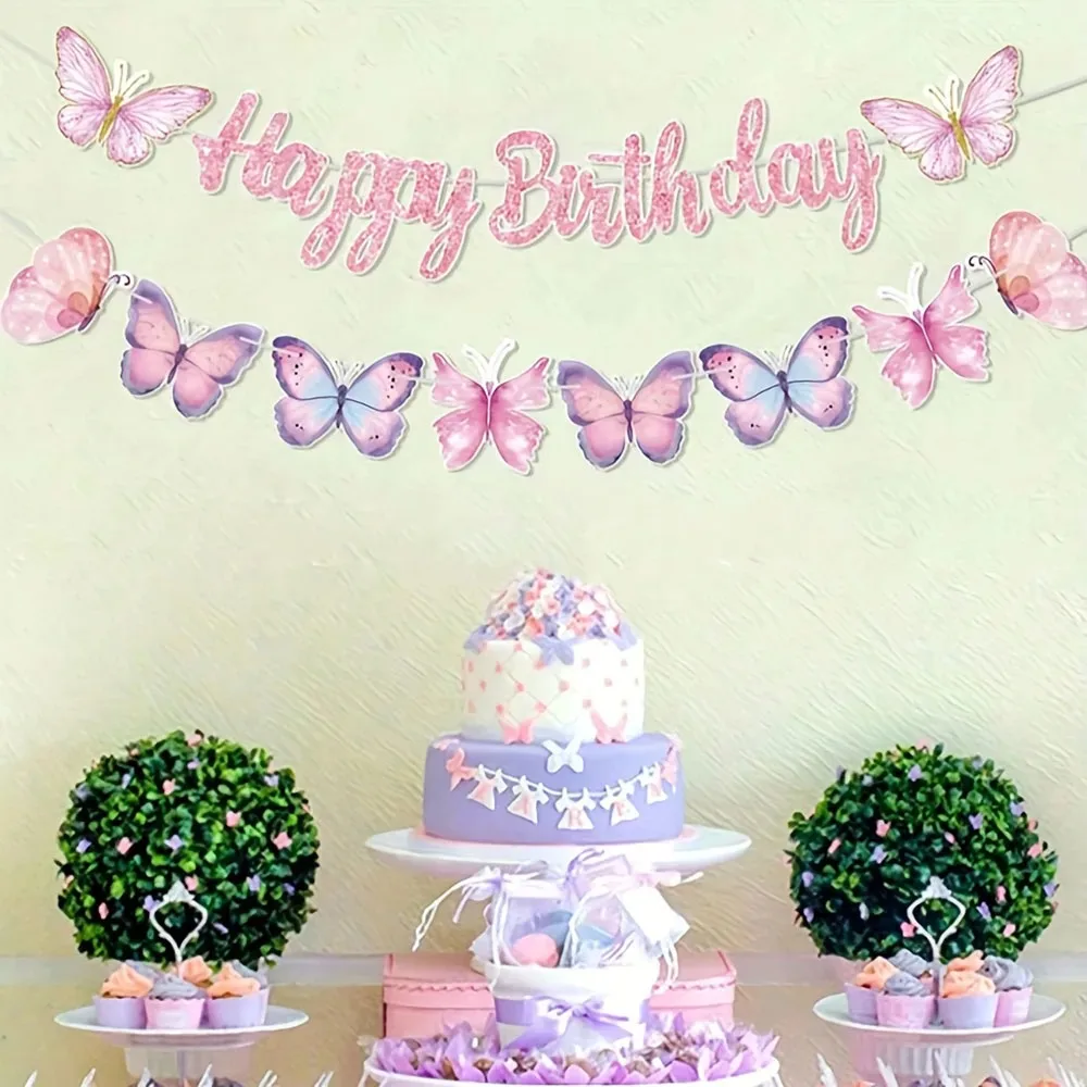 Pastellrosa Lila Schmetterling Geburtstags-Wimpelkette, Glitzer-Buchstaben Happy Birthday Girlande für Mädchen-Geburtstagsfeier Innendekoration – Detail 4